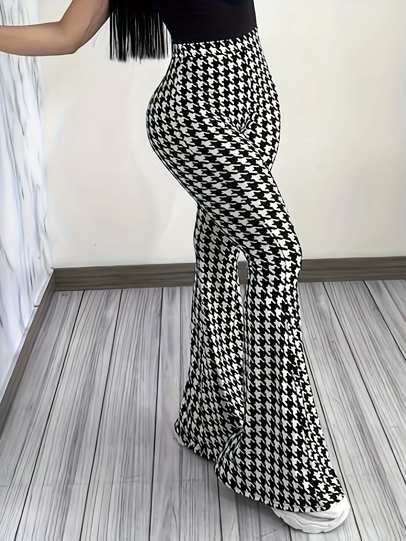 Plus Size Houndstooth Print Flare Leg Pants - Stylish Comfortable High Waist Casual Daily Wear for Spring & Summer - Designed