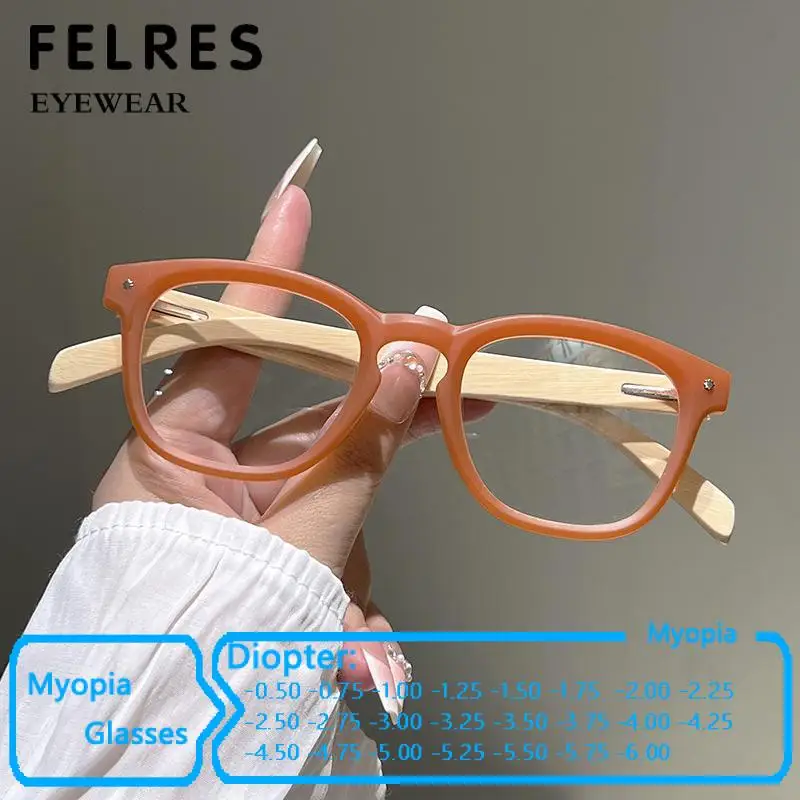 Square Wooden Leg Anti Blue Light Myopia Glasses Men Women Retro Optical Clear Nearsighted Eyewear Customize Negative Diopter