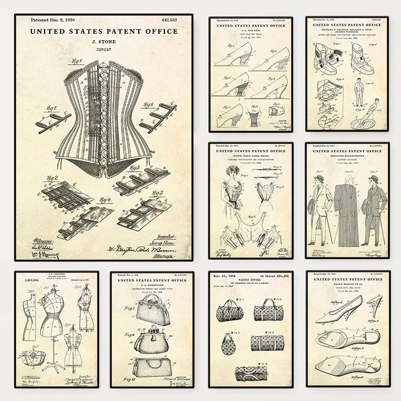 Modekleidung Schuhtaschen-Design Vintage-Poster Nähmaschinen-Bauplan Patent Leinwandgemälde Wandkunst Schneiderzimmer Heimdekoration