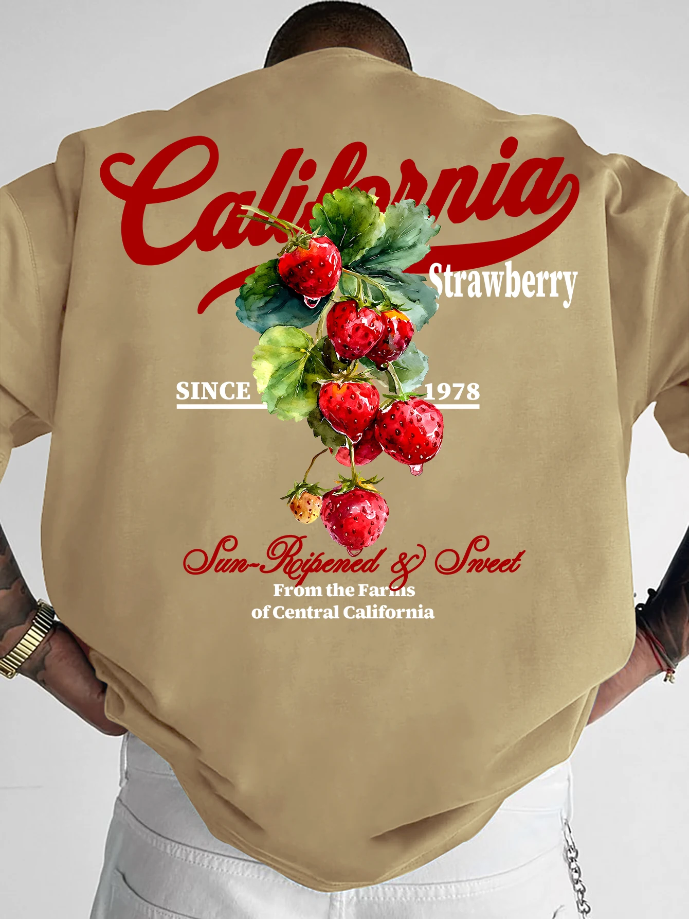 California Strawberry Print Oversized T Shirt Men's Fruit Graphic Streetwear Vintage Tee,S-XXL