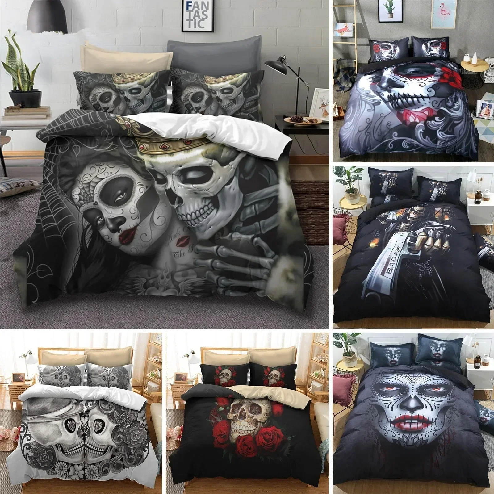 Sugar Skull Bedding Sets King Beauty Kiss Skull Duvet Cover Bed Set Bohemian Print Black Bedclothes Queen Size Bedline