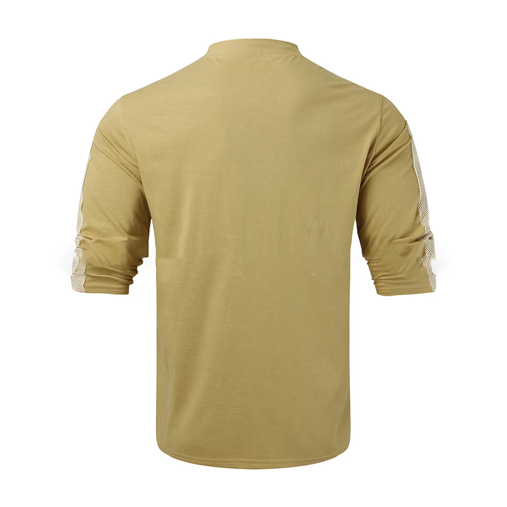 New Men Casual Stretch Long Sleeve Lace Up Pullover T Shirt V-Neck Muscle Top Blouse Khaki Polyester Casual Slim Fit Activewear