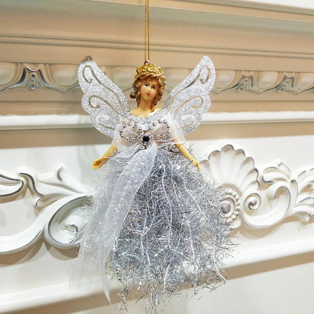 Glitter Christmas Angel Pendant Gorgeous Dress with Shining Wings Christmas Tree Topper Ornament Plastic Hanging Angel Doll