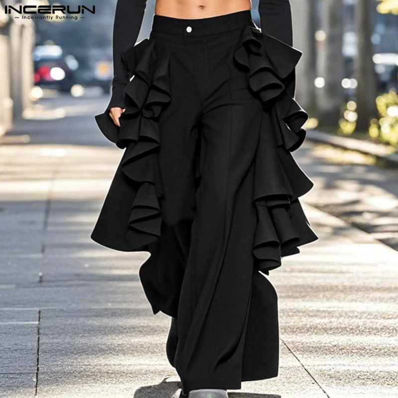 INCERUN 2025 American Style Pantalons Stylish New Men Double-layer Flounce Pant Leisure Streetwear Solid Wide Leg Trousers S-5XL