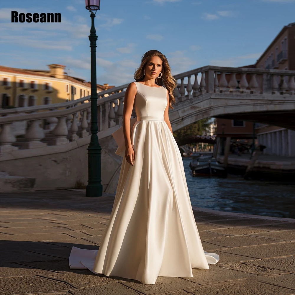 Customized Simple Satin Wedding Dresses For Women 2026 Sleeveless Bridal Gowns Button Back With Big Bow A Line robe de mariée