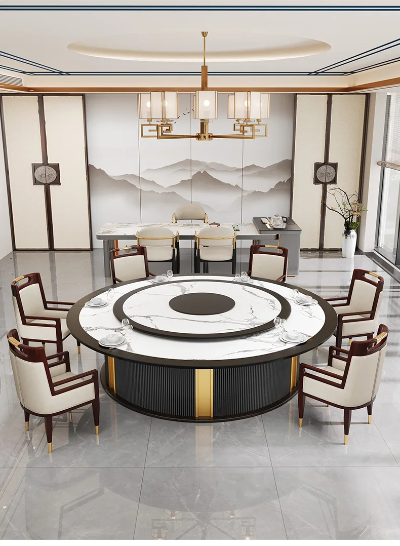 Hotel rock grand round hotel villa 20 people solid wood dining table and chair club box restaurant electric turntable table