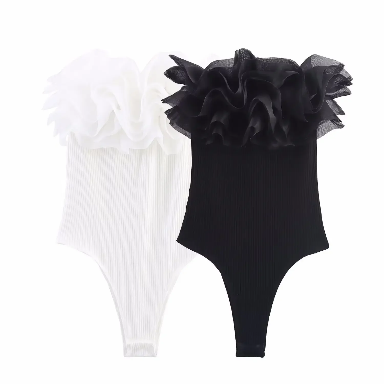 Sexy Y2k Female Chic Lady Tops  Women Fashion Ribbed Bodysuit With Organza Ruffle Vintage High Elastic Body Femme