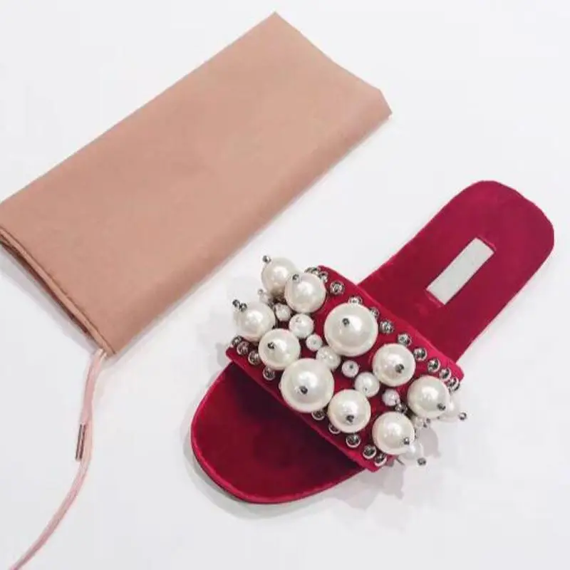 New Arrival Velvet Flat Slippers Women Open Toe Big White Pearl Bead Sexy Shoes Female Flat Casual Slides Vintage Style