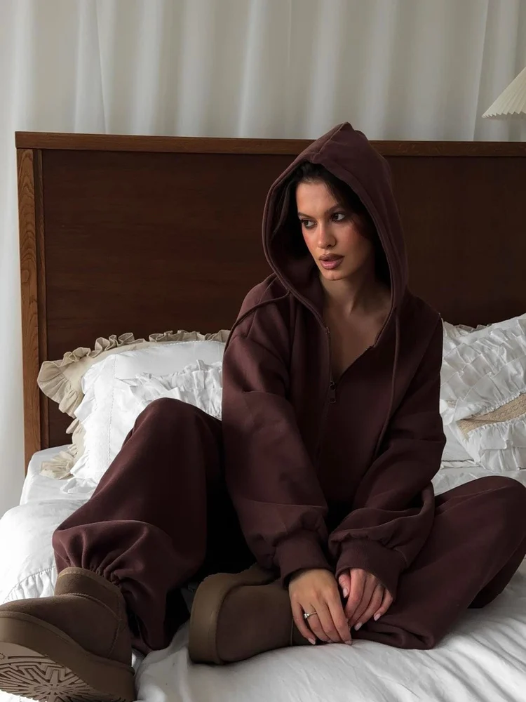 

Fashionable Casual Sporty Women's Long Sleeve Hooded Open Cardigan Loose Pants Two-Piece Set Color Suit Online Exclusive
