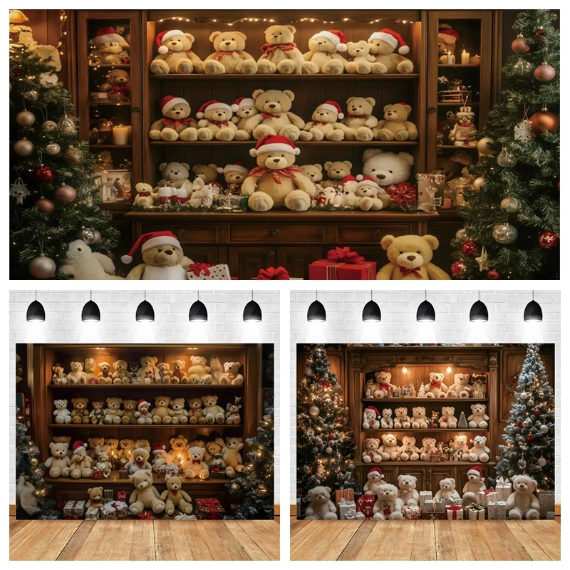 

Toy Bear Shopwindow Merry Christmas Backdrop Photography Xmas Tree Baby Photo Photographic Family Party Background Photo Studio