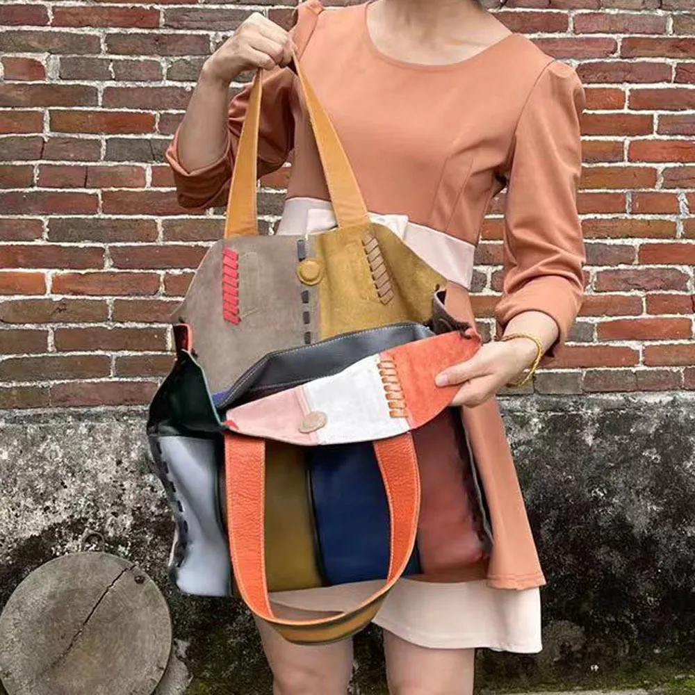 Female Cowhide Leather Patchwork High Quality Top-handle Tote Bag Lady Vintage Retro Luxury Designer Work Daily Soft Handbag