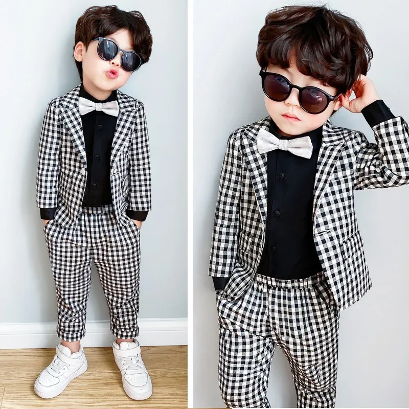 

Formal Baby Child Plaid Dress Suit Set Spring Autumn Flower Boys Wedding Party Performace Costume Kids Blazer Pants Clothes