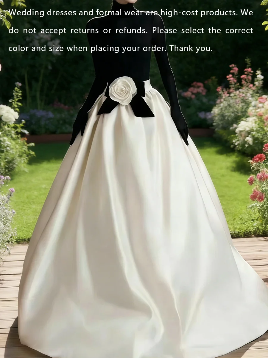 Classic High Collar Contrast Color Flowers Full Sleeve A-Line Bride Wedding Dresses Bridal Gowns Customized
