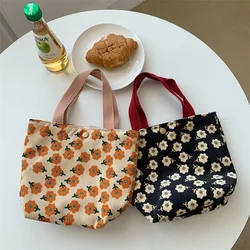 Casual Women Portable Lunch Bento Bag Retro Flower Ladies Small Handbags Thin Corduroy Female Shopper Clutch Purse Shoulder Bags