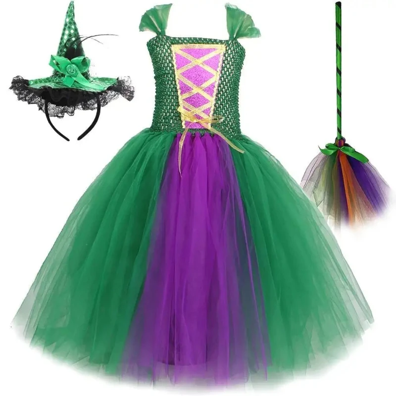 Long Tulle Witch Dress for Girls for Halloween, Kids' Carnival Party & Stage Performance Clothes, Children's Stage Outfit