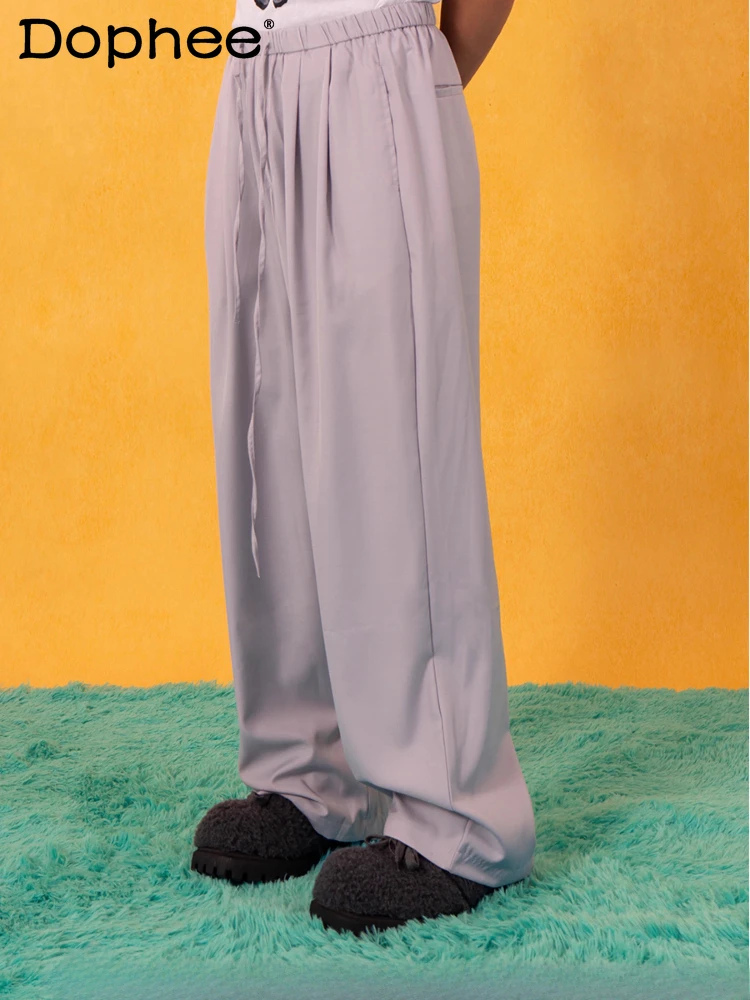 

Men's 2025 Summer New Ice Silk Elastic Waist Drawstring Trousers Suit Trousers Solid Color Loose Comfort Wide Leg Straight Pants