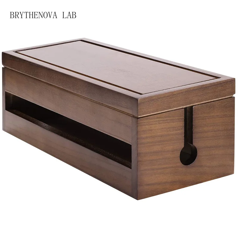 Cable Management Box Wooden Cord Organizer Box for Cord Extension Power Stripe Surge Protector Wire (Coffee Color)