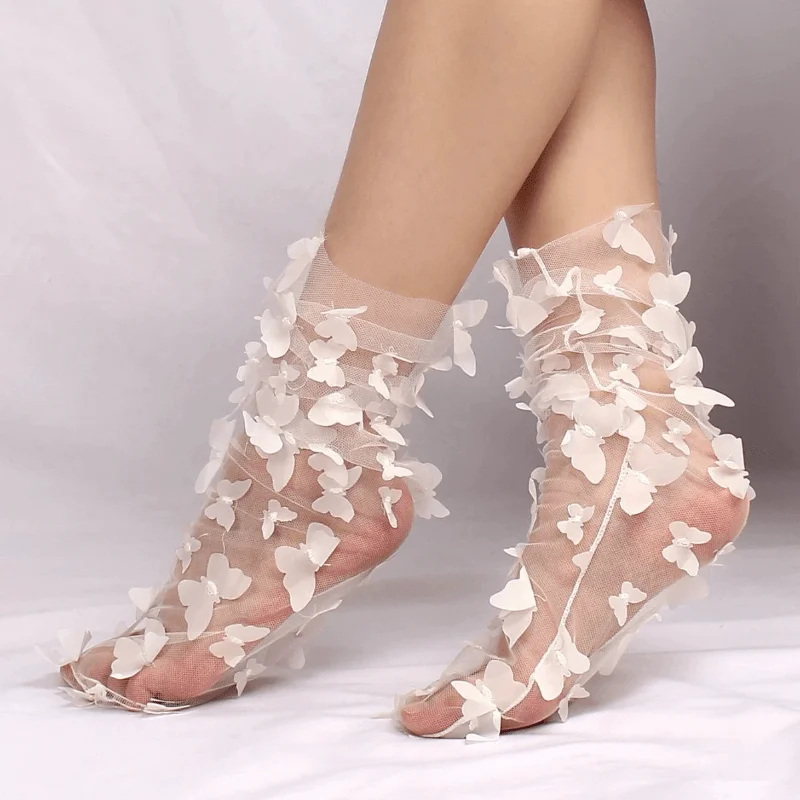 3pair Women Sheer Tulle Socks Transparent Lace Butterfly Applique Lightweight Openwork Design Elegant Ruffles Ball Party Costume