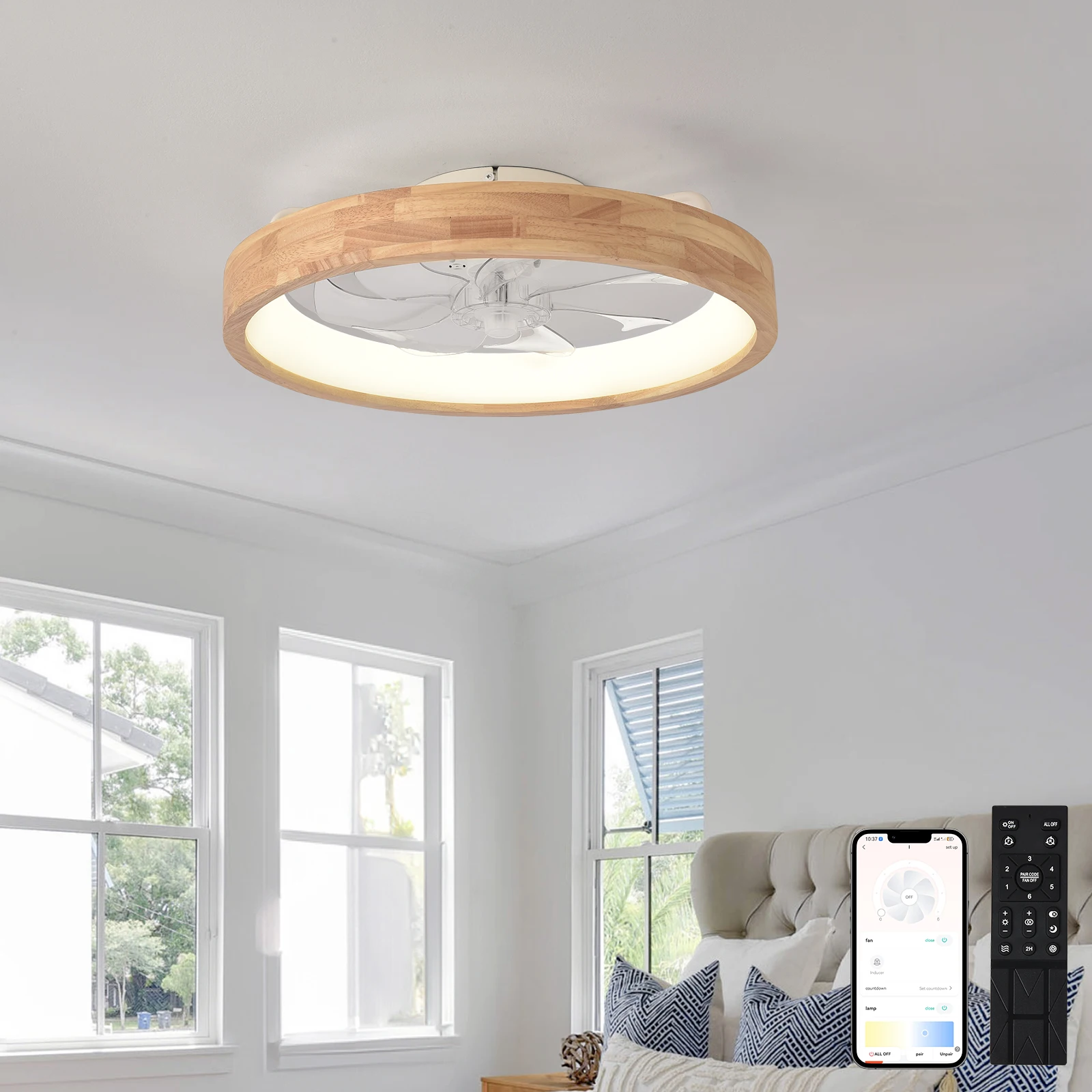 LED Ceiling Fan with Light Dimmable Timing with Remote Control 5 Invisible Reversible Blades Semi Flush Mount Low Profile Fan