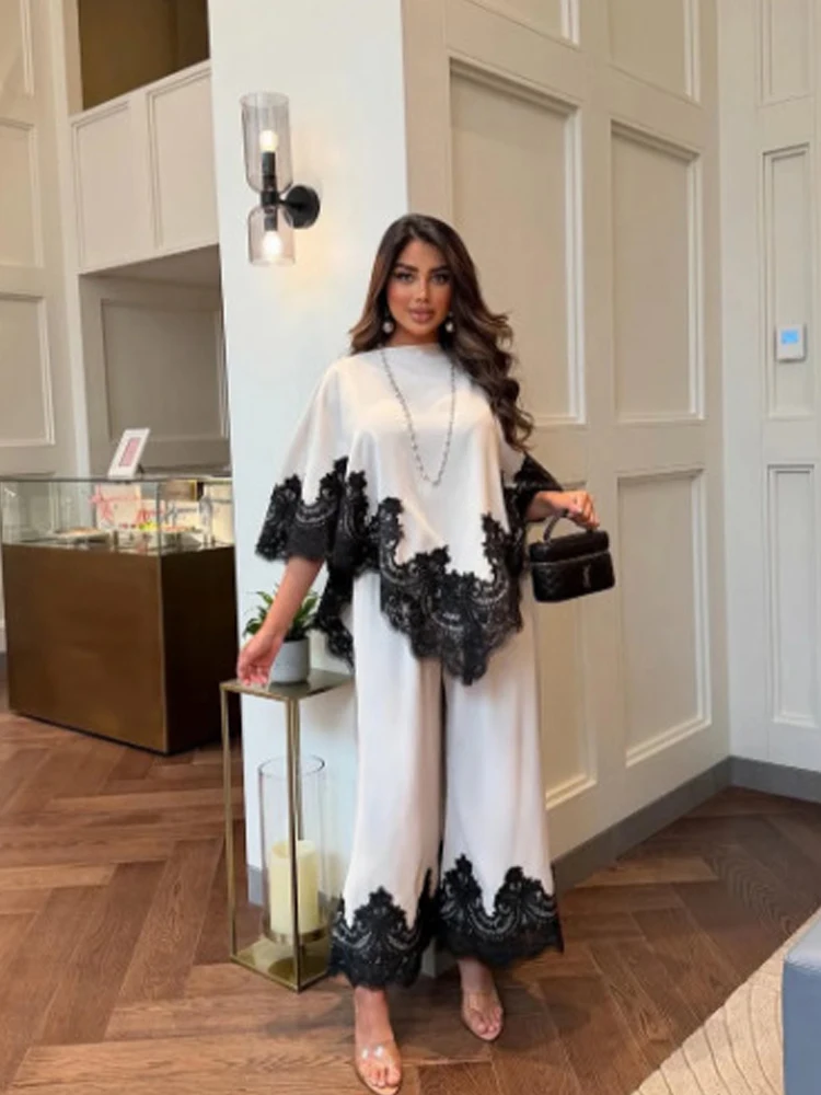 Black Lace Set of Two Pieces Woman Round Neck Flared Sleeve Loose Fit Top with Casual Wide Leg Pants Elegant White Outfit