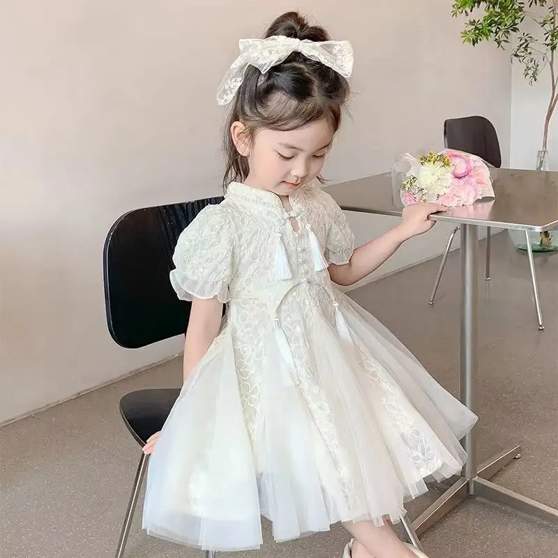 

Летнее платье Ханьфу для девочек в стиле Тан, сетчатое, для принцесс, детская одежда, традиционная китайская мода