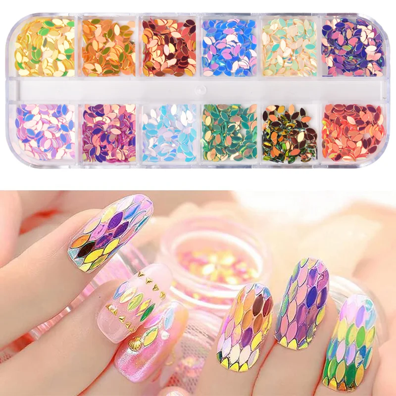Lot de 12 grilles de paillettes pour ongles effet écailles de sirène - Flocons multicolores irisés, décorations holographiques pour nail art acrylique