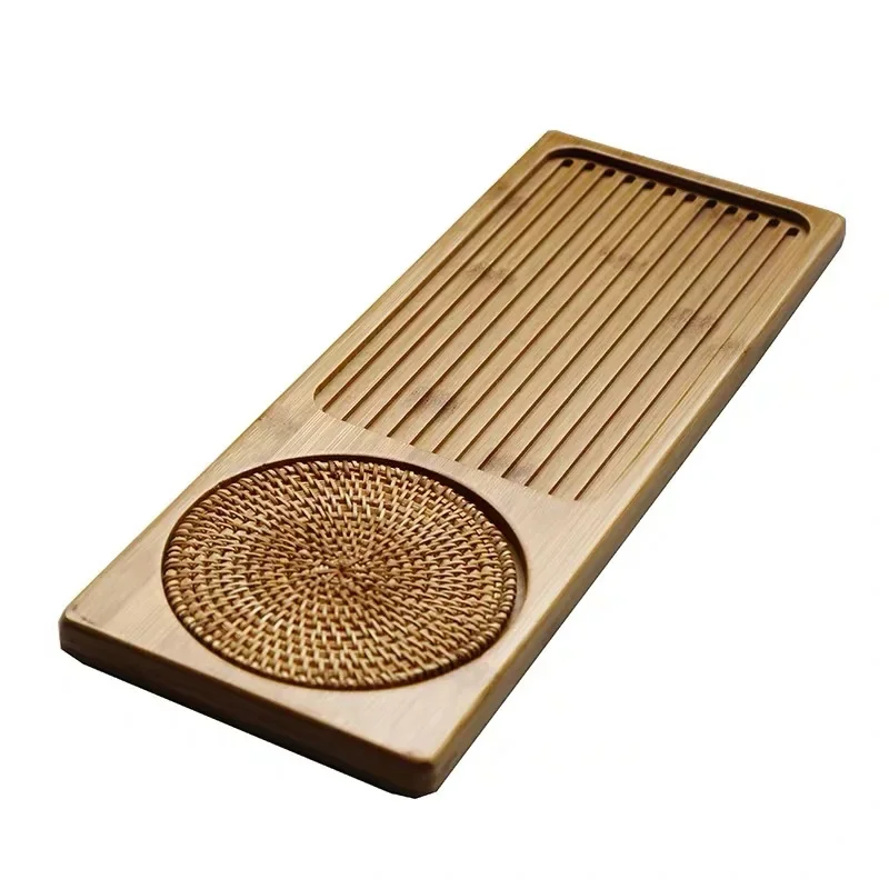 Small Size Dry Steeping Tea Tray with Woven Rattan Mats, Natural Bamboo Tea Board, Hotel Serving Tray