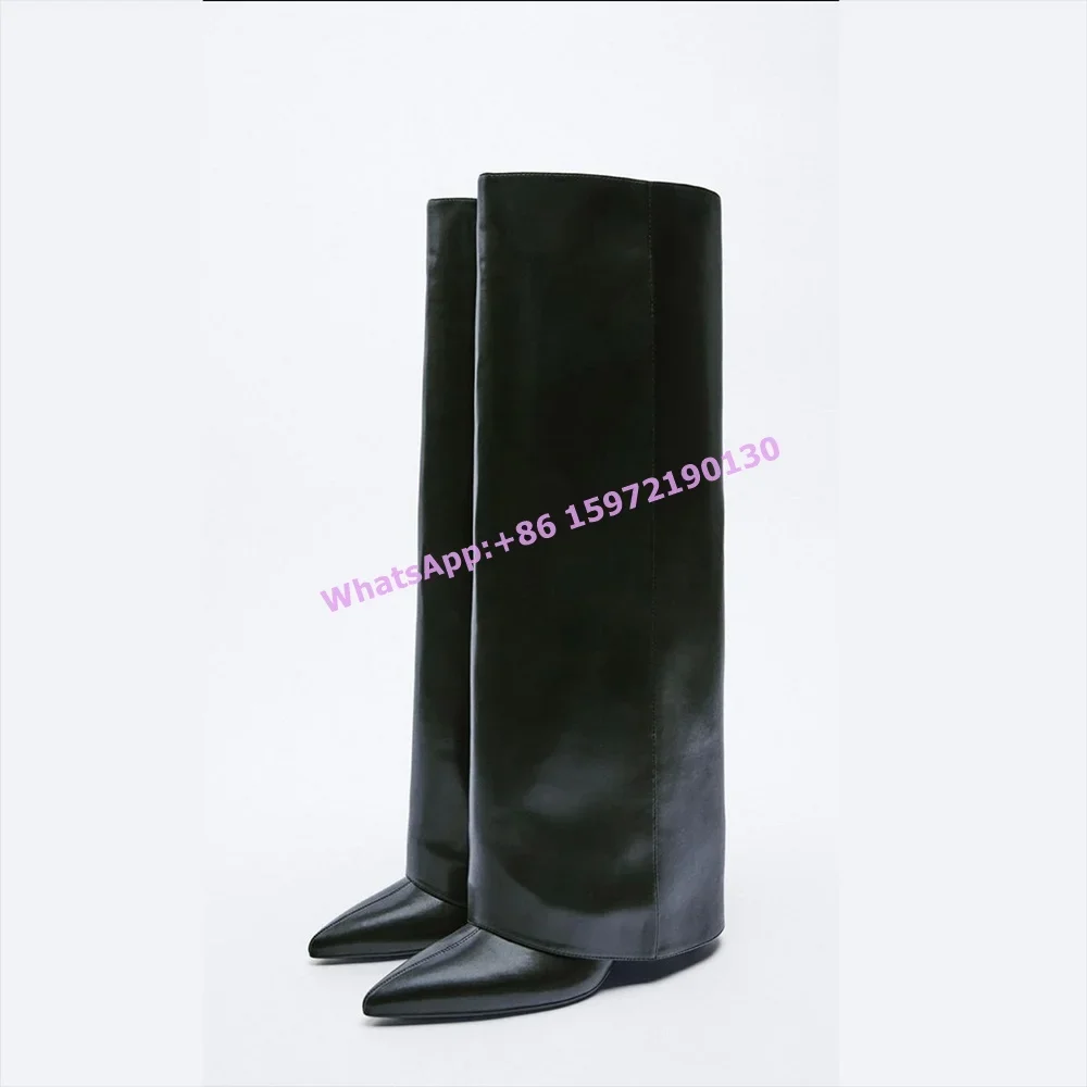 Turn Over Edges Black Boots Pointy Toe Sewing Slip On Thin Heels Solid Knee High Boots Women's Concise Basic Fashion Shoes 2025