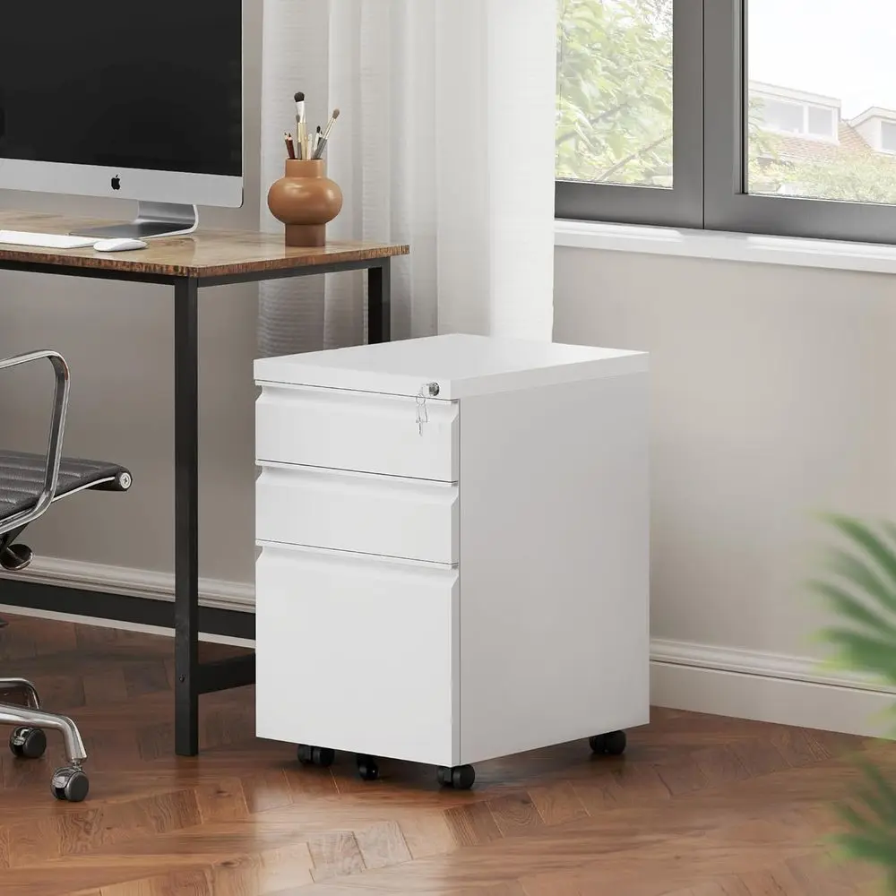 خزانة ملفات متنقلة بيضاء معدنية ذات 3 أدراج مع قفل، وحجم قانوني/حرف، وحدة تخزين مجمعة مسبقًا للمكتب