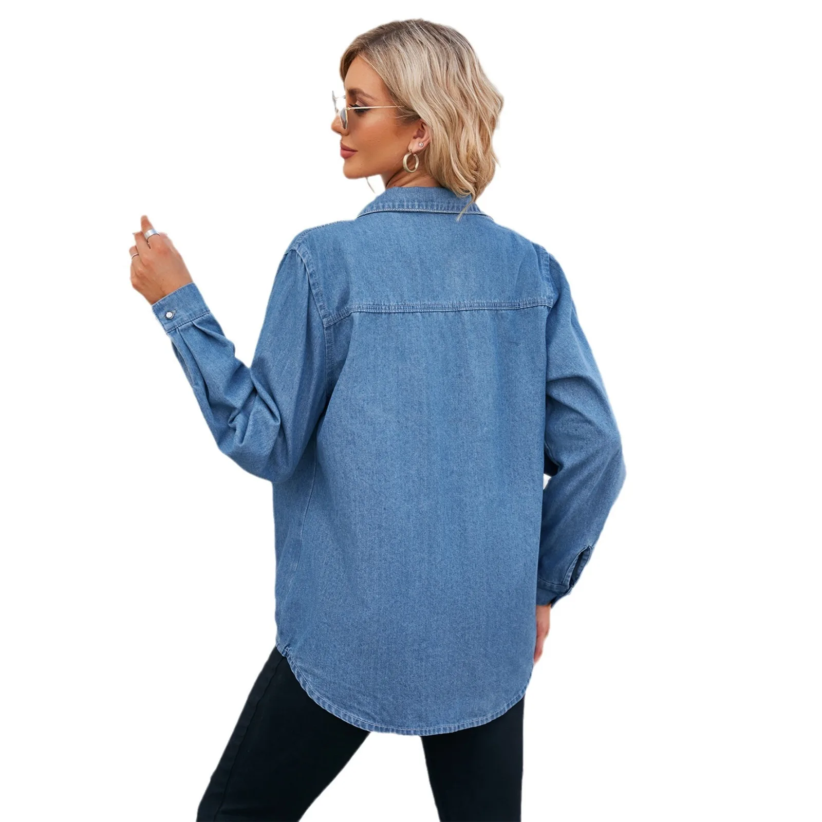 Women Shirts Long Sleeve Turn Down Collar Denim Blouses Single Breasted Loose Washing Button Pockets Casual Slight Strech