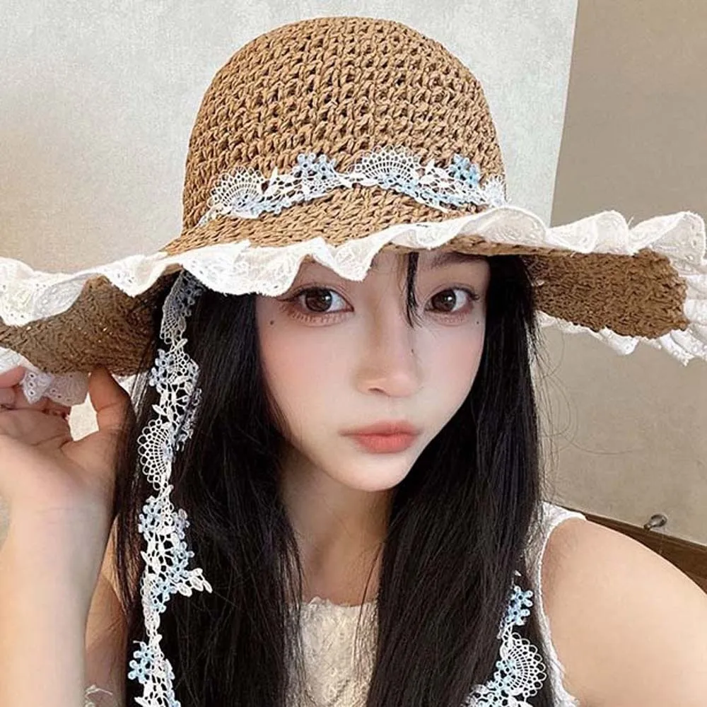 

Breathable Vacation Beach Cap with Garland with Lace Big Brimmed Straw Hat Lightweight Sunshade Topi Woven Sun Cap