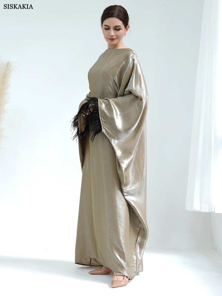 Dubai Luxury Abaya For Moroccan Lebsa Women Party Saudi Turkish Clothing Fashion Solid Feathers Batwing Sleeve Muslim Gown