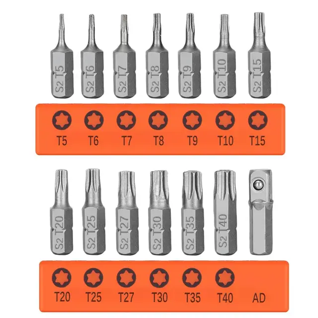 Zestaw bitów Torx 14 szt. T5 do T40 z chwytem sześciokątnym 1/4 cala do wiertarki elektrycznej z przedłużką adaptera 25 mm, zestaw kluczy wkrętakowych.