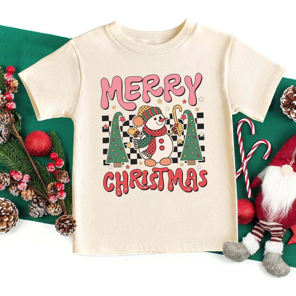 Merry Christmas Snowman Print Shirt Kids Retro Tee Xmas Party Child Outfit Winter Holidy Boys Girls T-shirt Toddler Clothes Tops