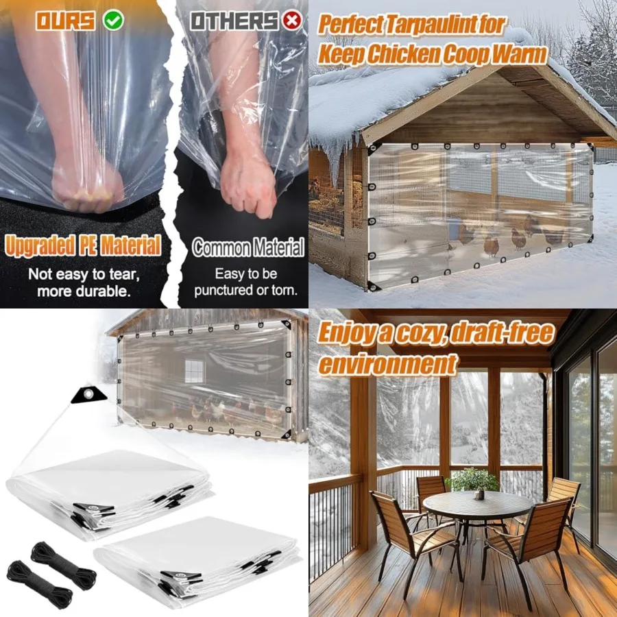 

Anti-Tear Clear Tarp Waterproof - 2pcs Windproof Poly Tarpaulin, Heavy Duty Transparent Enclosure with Grommets for Covering Ch