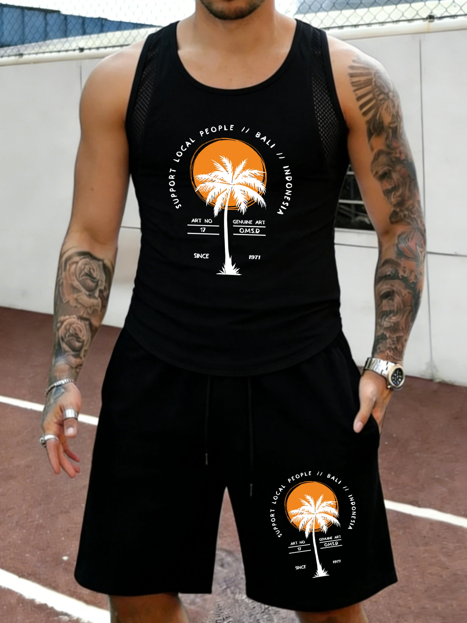 

Support Local People Coconut Tree Print Mens Summer Casual Vest Retro Sportpant Set Daily Drawstring Shorts Soft Gym Tank Top
