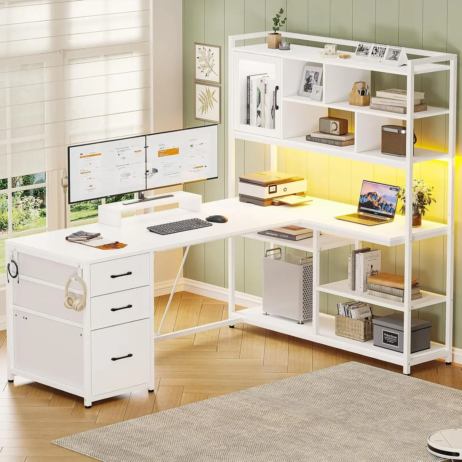 SEDETA-Bureau d'Ordinateur en Forme de L, Bureau d'Angle en Forme de L avec Étagères de Rangement et LED, 58 en Effet, 3 Tiroirs de Proximité et Étagère