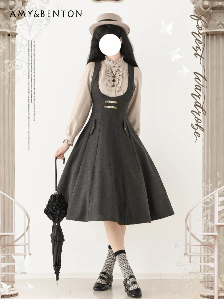 

Original Vintage Elegant Slim Tank Dress Pastoral Style High-waist Pleated Dresses Solid Color Versatile Jsk Mid-length Dress