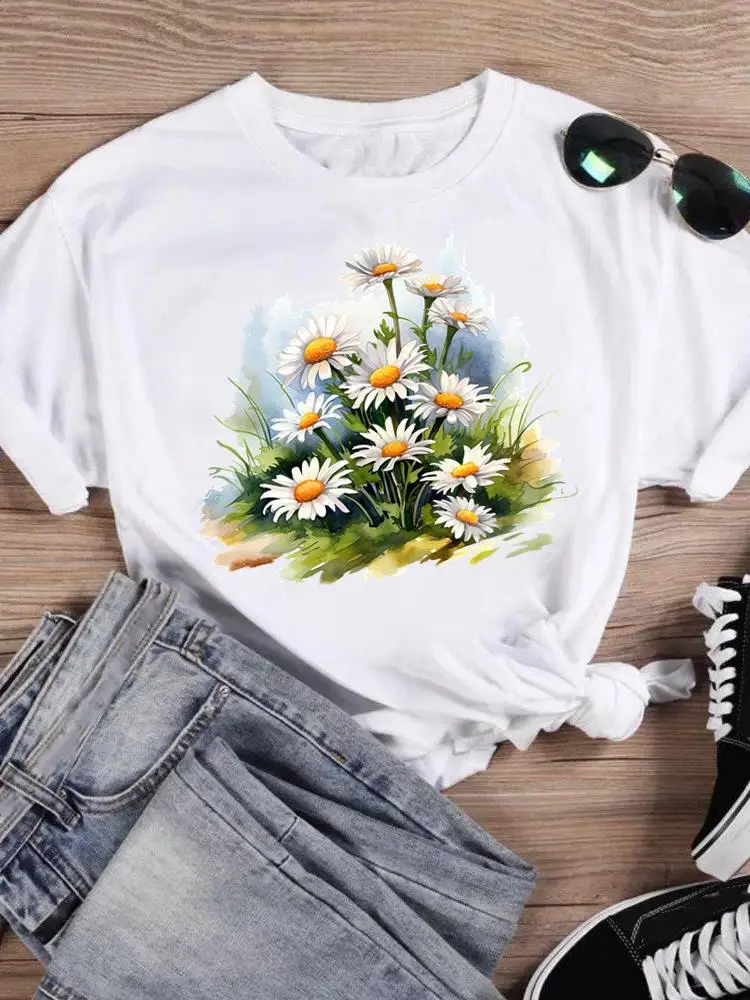 

Женская футболка с коротким рукавом, стильная, с графическим принтом, модная, с цветочным узором в стиле 90-х, для женщин