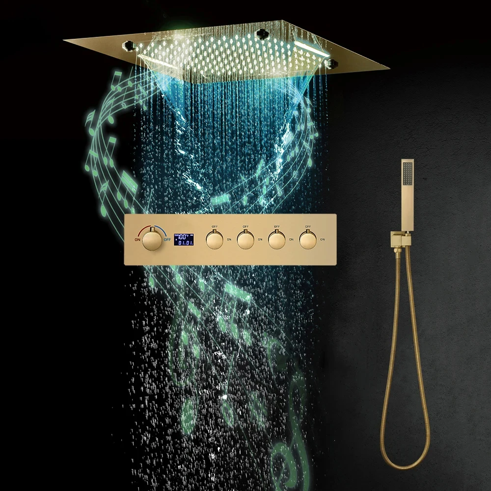 

Роскошная душевая система из матового золота, смеситель для горячей и холодной воды, ванная комната, 20-дюймовая светодиодная насадка для душа, душ с дождевой насадкой