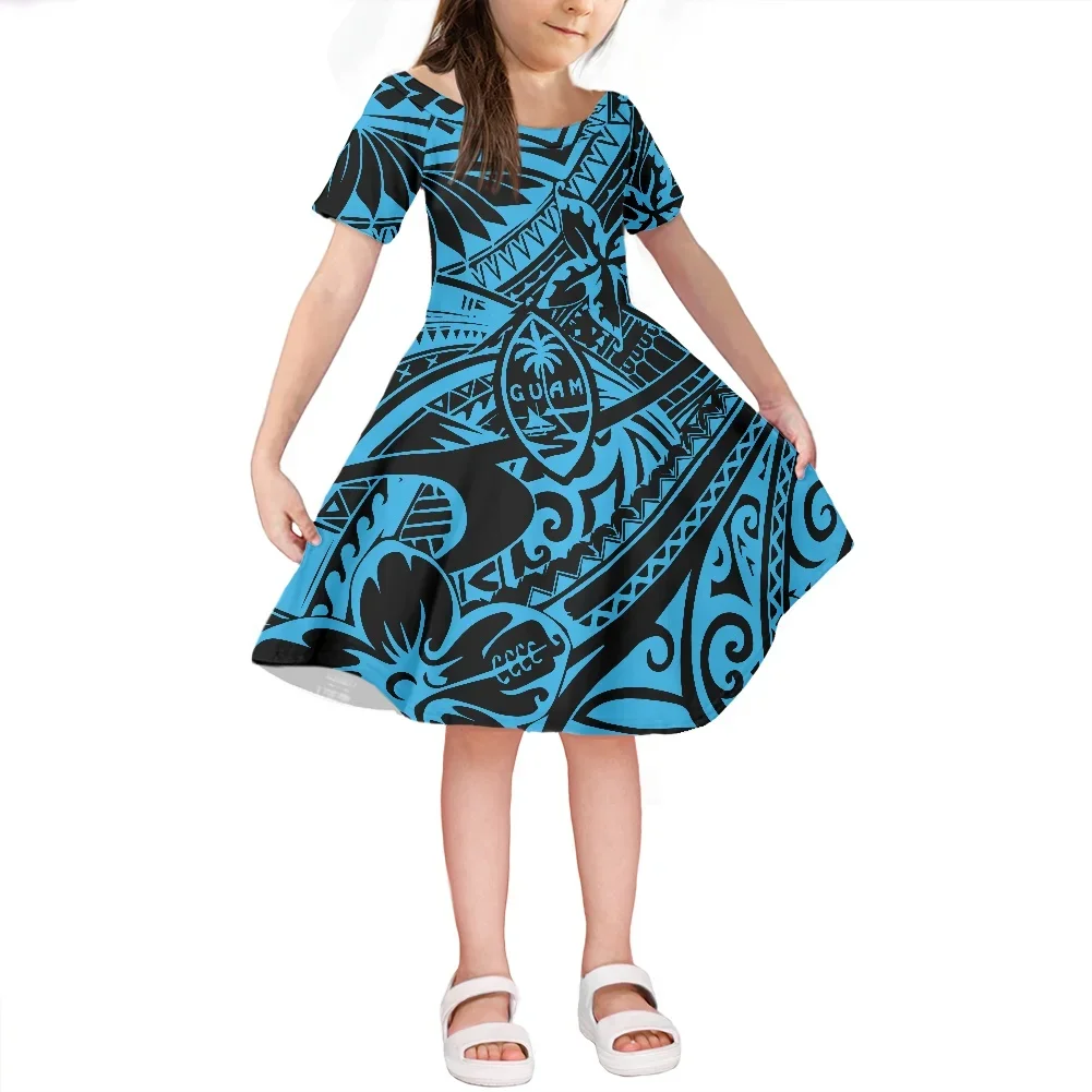 Women's Vintage Tattoo Prints Short Dress, Kids Clothing, Girl, Round Neck, Short Sleeve, Summer Fashion, Polynesian Tribal