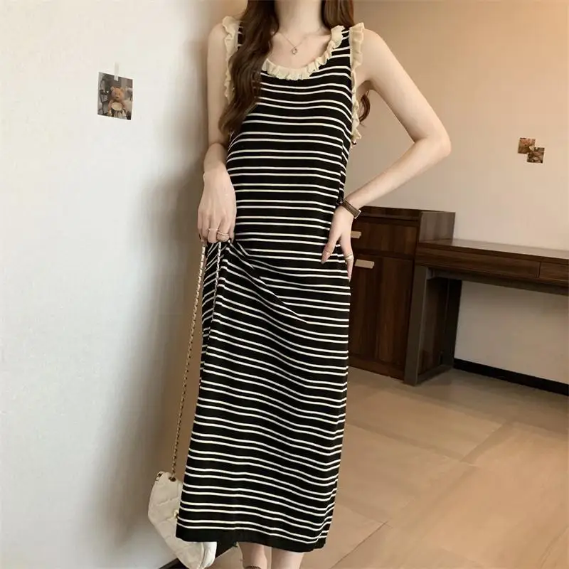 

Stripped Sleeveless Camisole Dress With Ruffled Neckline For Women Summer Sweet Style Slim Fit Mid Calf Length