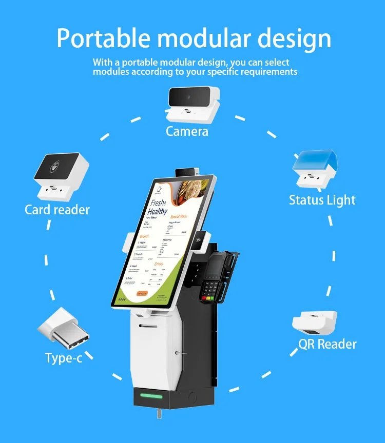 Reader Touch Screen & SDK FunctionAll-in-One 15.6 21.5 24 inch Desktop Self-Order Restaurant Kiosk with Barcode