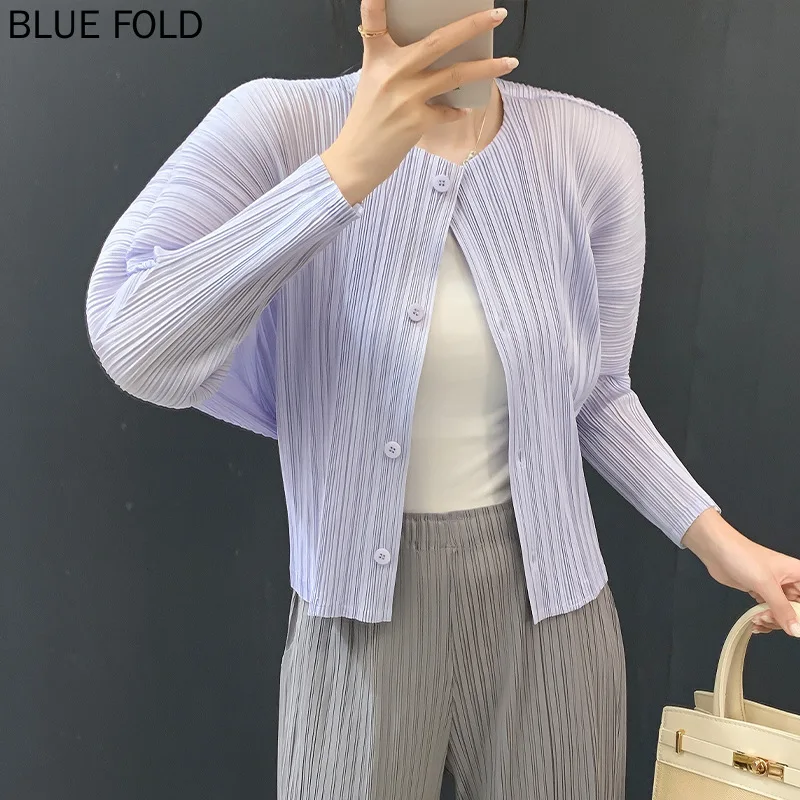 2025 otoño nuevo Color sólido plisado dulce cárdigan temperamento versátil chaqueta de una sola botonadura Top MIYAKE PLEATS camisa