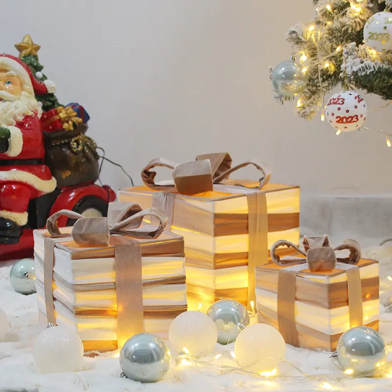 Christmas decoration white luminous gift box three-piece Christmas tree stack head shopping mall shop window ornament gift box