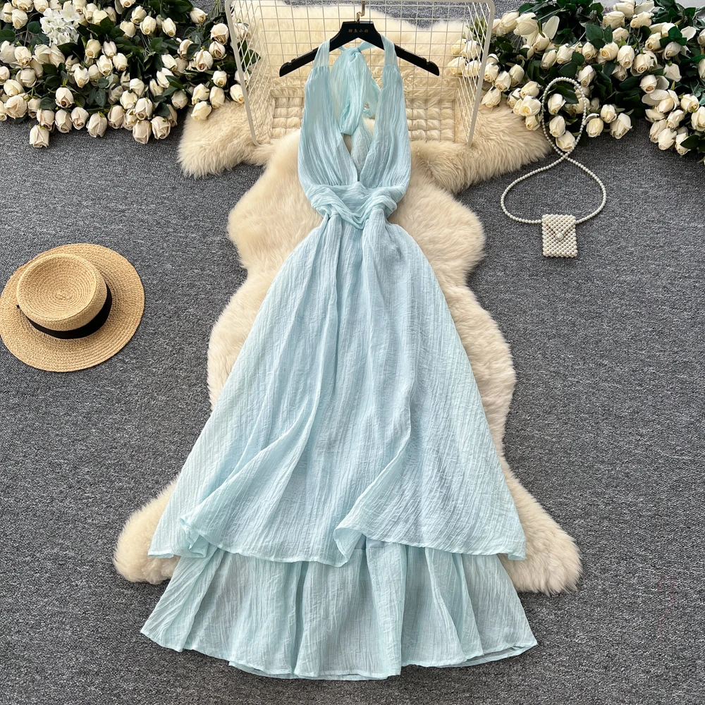 Elegancka sukienka w stylu vintage z dekoltem w serek, wiązana na szyi, marszczona, dopasowana, w stylu koreańskim, boho, letnia sukienka damska.