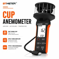 BTMETER 5000G Digital Anemometer 4-Cup Wind Speed Meter 360° Airflow Tester with Temperature, MAX AVG Hold for HVAC Outdoor Use