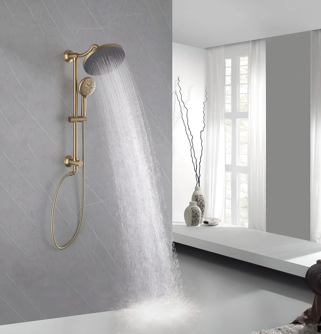 

5-Function Retrofit Shower System with Rain Showerhead and Handheld Spray Brushed Gold 10'' Rain Shower Faucet with Hand Shower