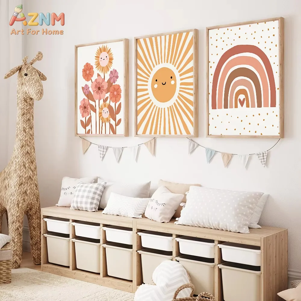 AZNM Tableau mural sur toile style bohème neutre, motif tournesol et arc-en-ciel, impression de dessin animé mignon aux tons chauds, peinture sur toile non encadrée pour chambre de bébé et enfants