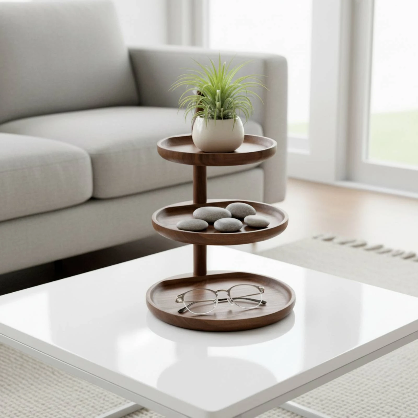 Wooden Organizer with Trays Round Tiered Tray Valet Tray Compact Elegant for Dresser, Entryway